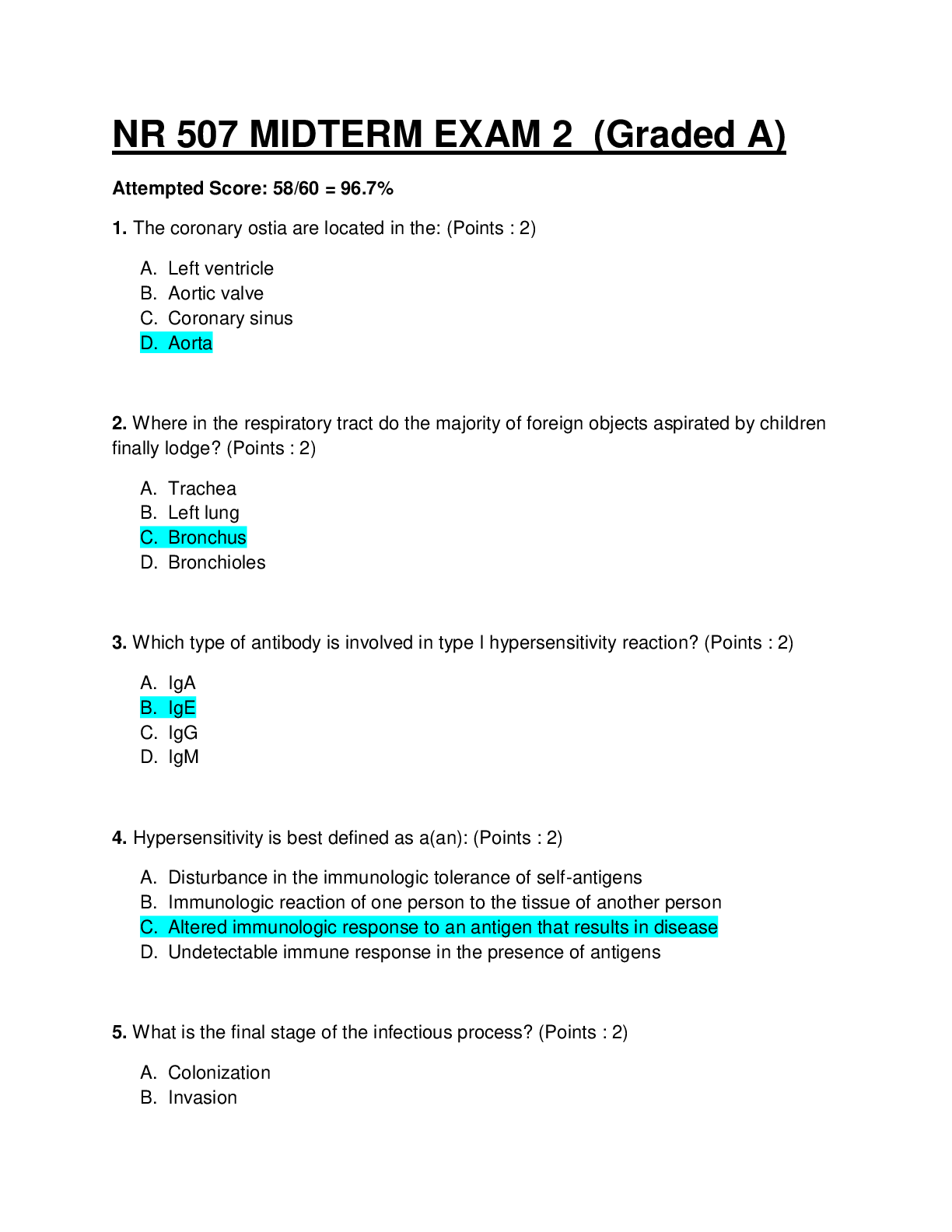 NR 507 / NR507 ADVANCED PATHOPHYSIOLOGY MIDTERM EXAM. QUESTIONS AND ANSWERS.